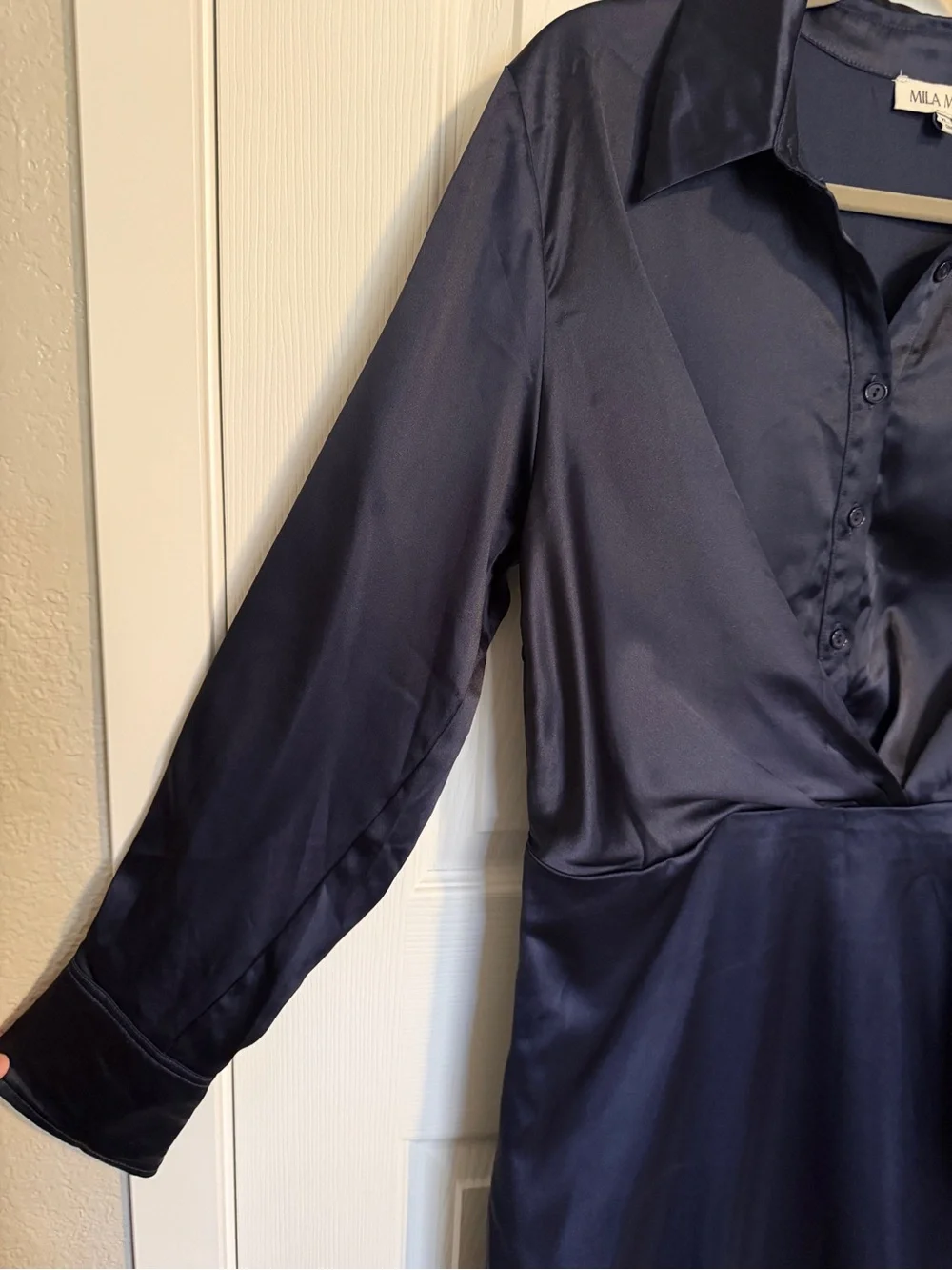 Mila Mae Never Worn Feminine Navy Satin Wrap Midi Dress Long Sleeve Size XL - Picture 6 of 9